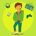 Teenager.Portrait of a boy surrounded by gadgets.Colorful illustration